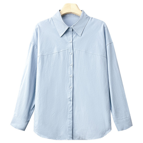 Women's Long-Sleeve Spring Loose Casual Medium-Length Blue Pure Cotton Shirt Blouse