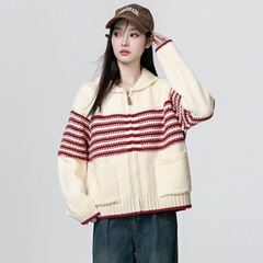 韩系翻领超好看条纹毛衣外套女秋冬大码胖mm慵懒风宽松针织衫上衣