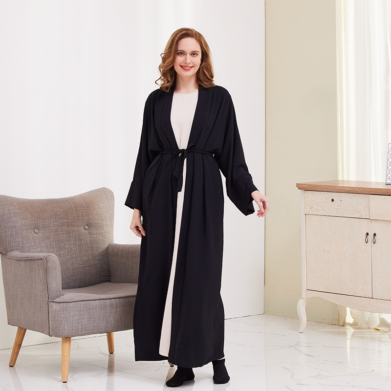Muslim Cardigan Robe For Women Solid Colour Tie-up Dubai Style_voghion.com