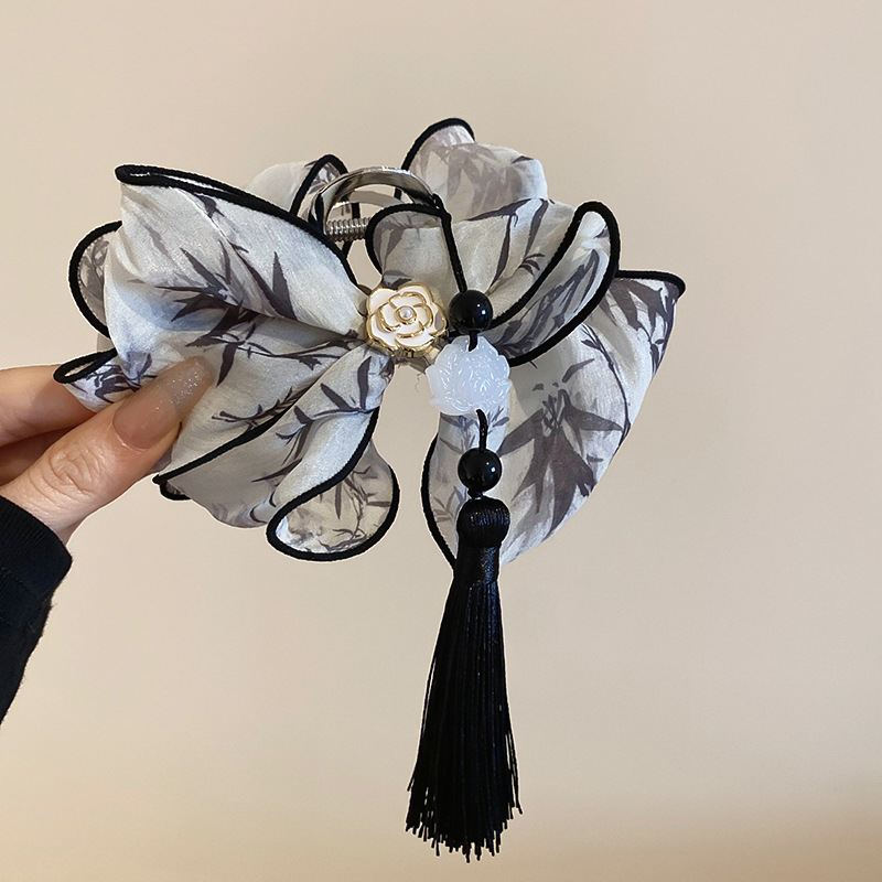 Nueva pintura en tinta china, pinza de caracteres chinos, hilo de red de súper hadas, lazo, borla de loto, pinza para el cabello, estilo antiguo, elegante, accesorios para el cabello femenino