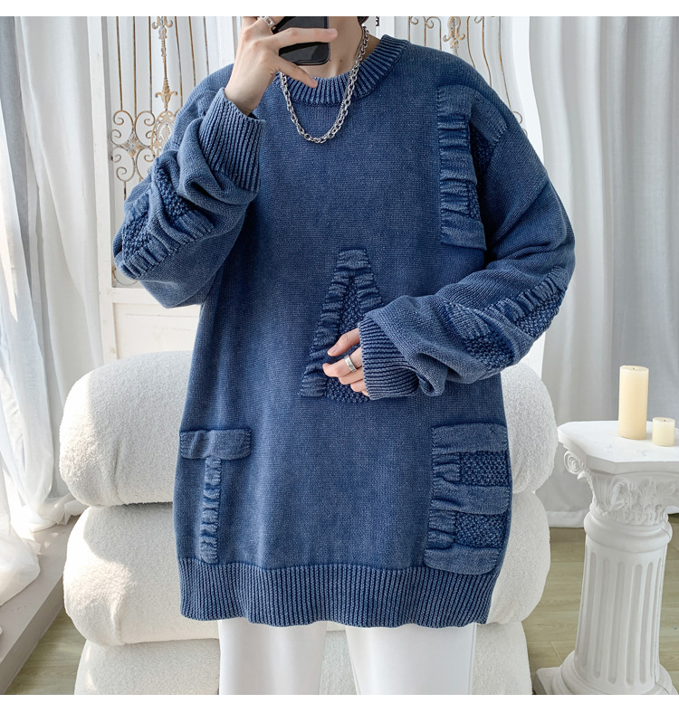 Men's Oversized Knit Sweater Round Neck Streetwear Pullover_voghion.com