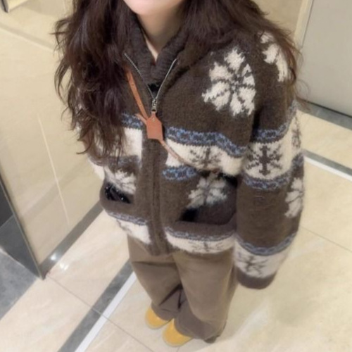 韩系复古提花费尔岛毛衣外套新款慵懒高级感宽松显瘦针织开衫上衣