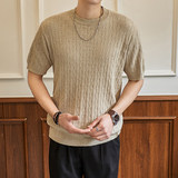 ZY8113-MW美式麻花针织衫短袖T恤男夏季宽松透气老钱风上衣，男装针织衫/毛衣，星座614