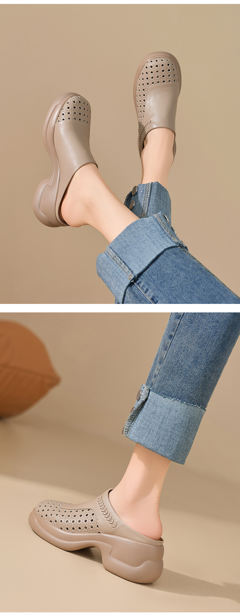 Dép sandal nữ da bò dệt rỗng, mũi trùm hở gót, đế dày ngoài trời — màu trắng ngà chi tiết 4