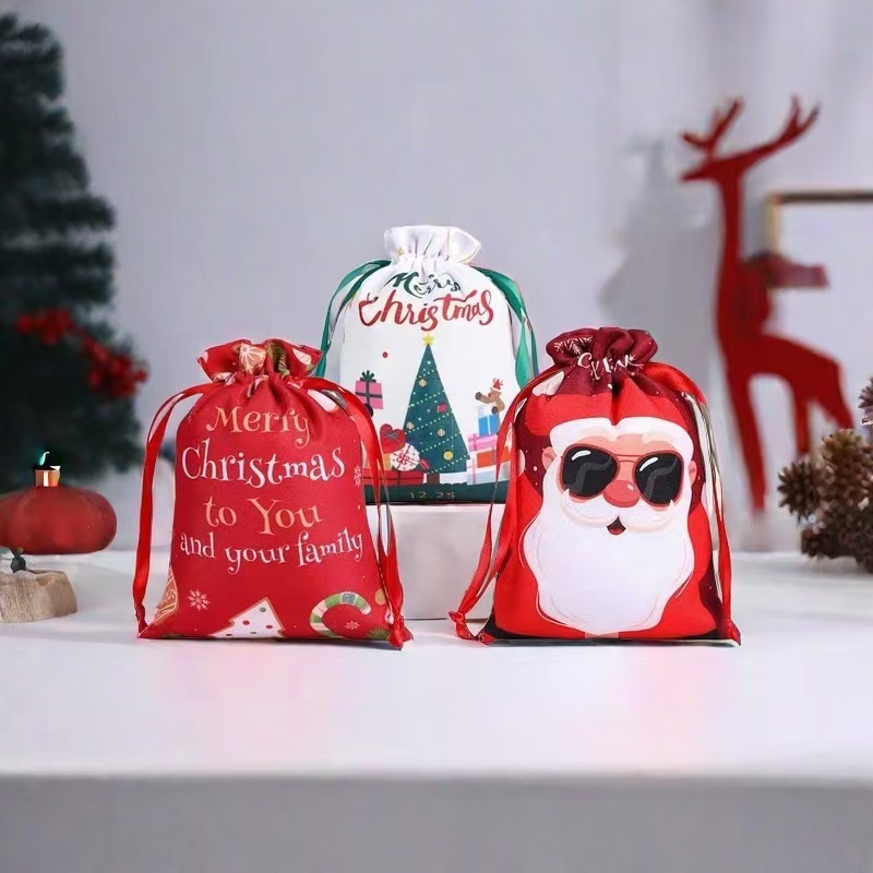 跨境圣诞节数码印全涤帆布袋糖果礼品袋 平安夜派对麻布袋现货批