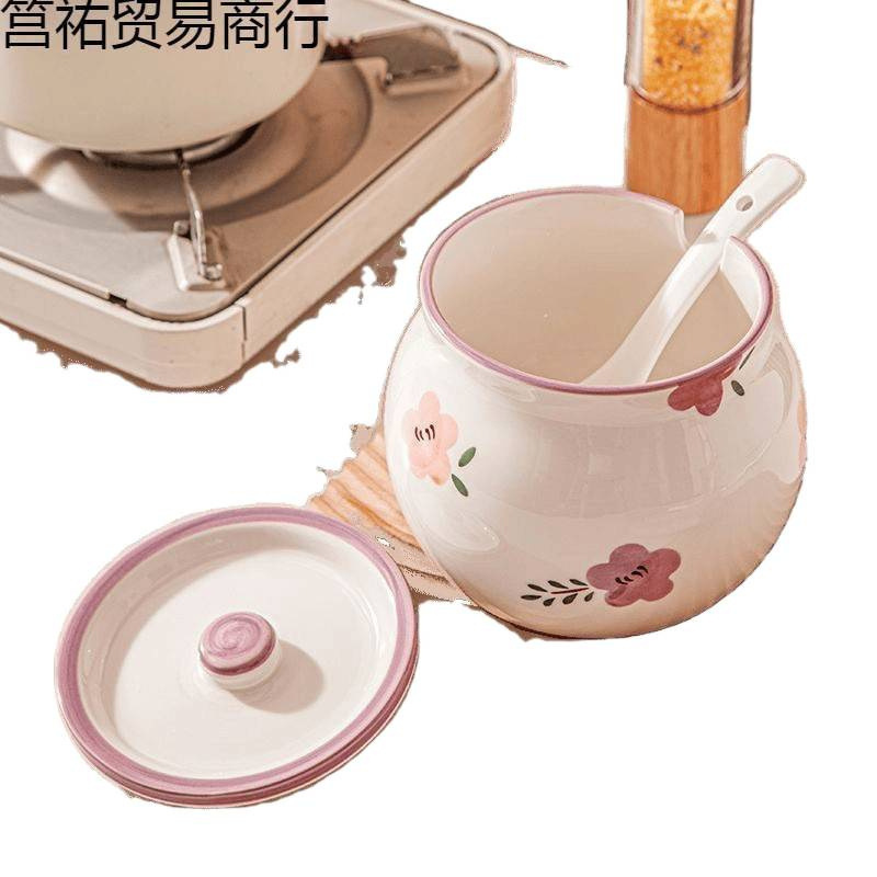 紫萱花耐高温家用大容量陶瓷猪油罐带盖罐子厨房|undefined
