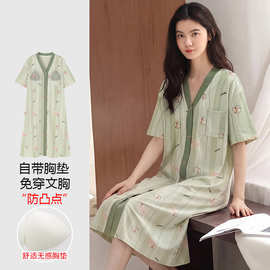 【带胸垫】春秋新款纯棉女短袖开衫和服领睡裙印花休闲女家居服