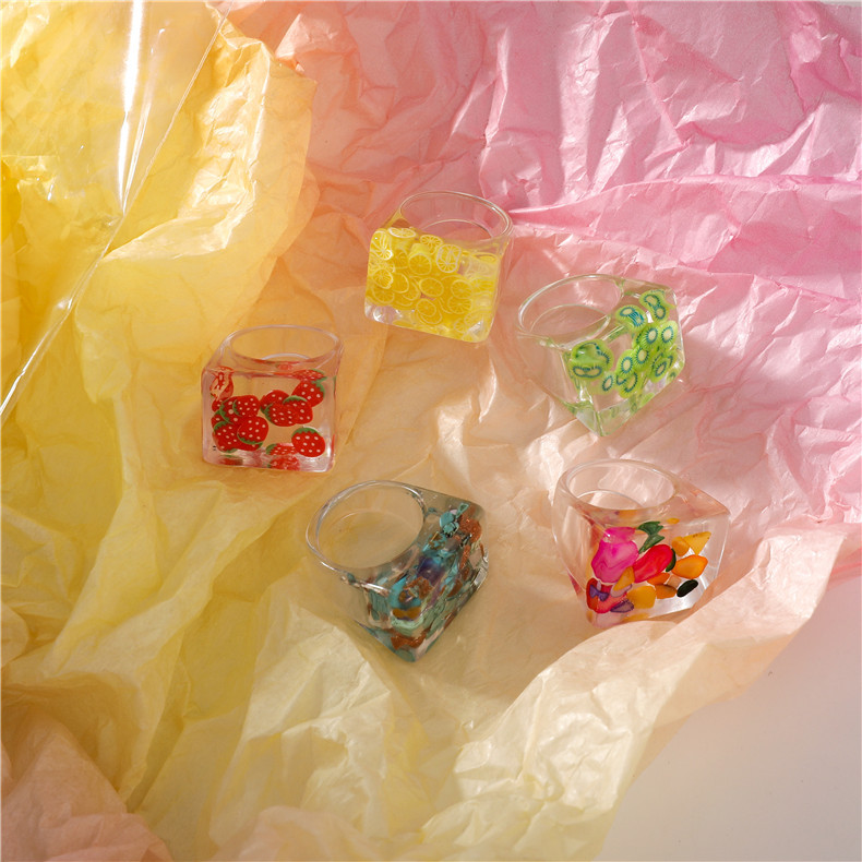 Korean Resin Transparent Fruit Square Ring display picture 8