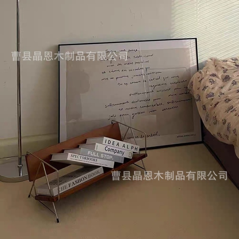 现货供应北欧实木小书架桌面书籍收纳架铁木结合杂志报刊收纳架|undefined