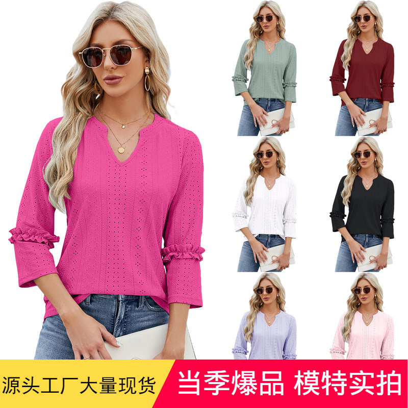 Amazon foreign trade European and American women's clothing 2024 spring and summer new V-neck lace 3/4 sleeve loose top jacquard T-shirt for women