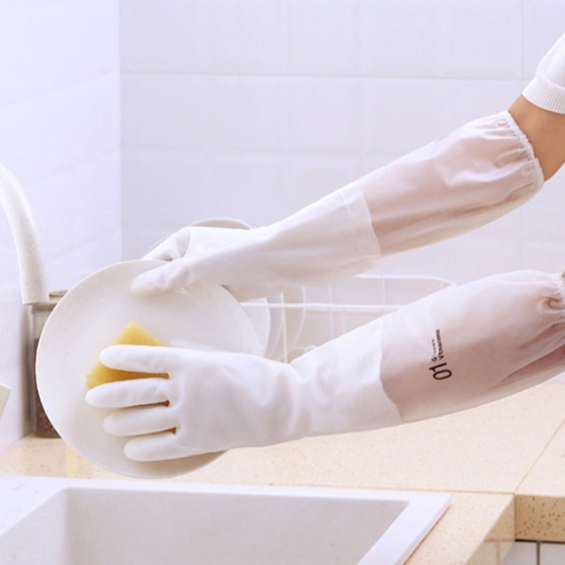 Guantes de goma para lavar platos de limpieza al por mayor guantes de lavandería cocina durable látex forrado de lana gruesa impermeable guantes domésticos