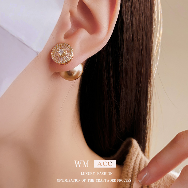Oro genuino electrochapado aguja de plata circón perla Stud pendientes retro exquisitos pendientes de otoño e invierno pendientes de alta calidad fábrica al por mayor image 5