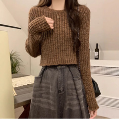 咖色短款针织毛衣女秋季美拉德修身内搭打底衫小个子高腰正肩上衣