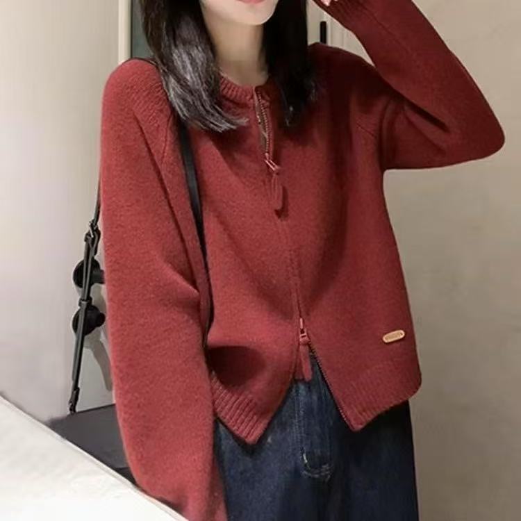 双拉链圆领春秋季针织开衫女宽松纯色上衣外套显瘦打底毛衣外穿女|undefined