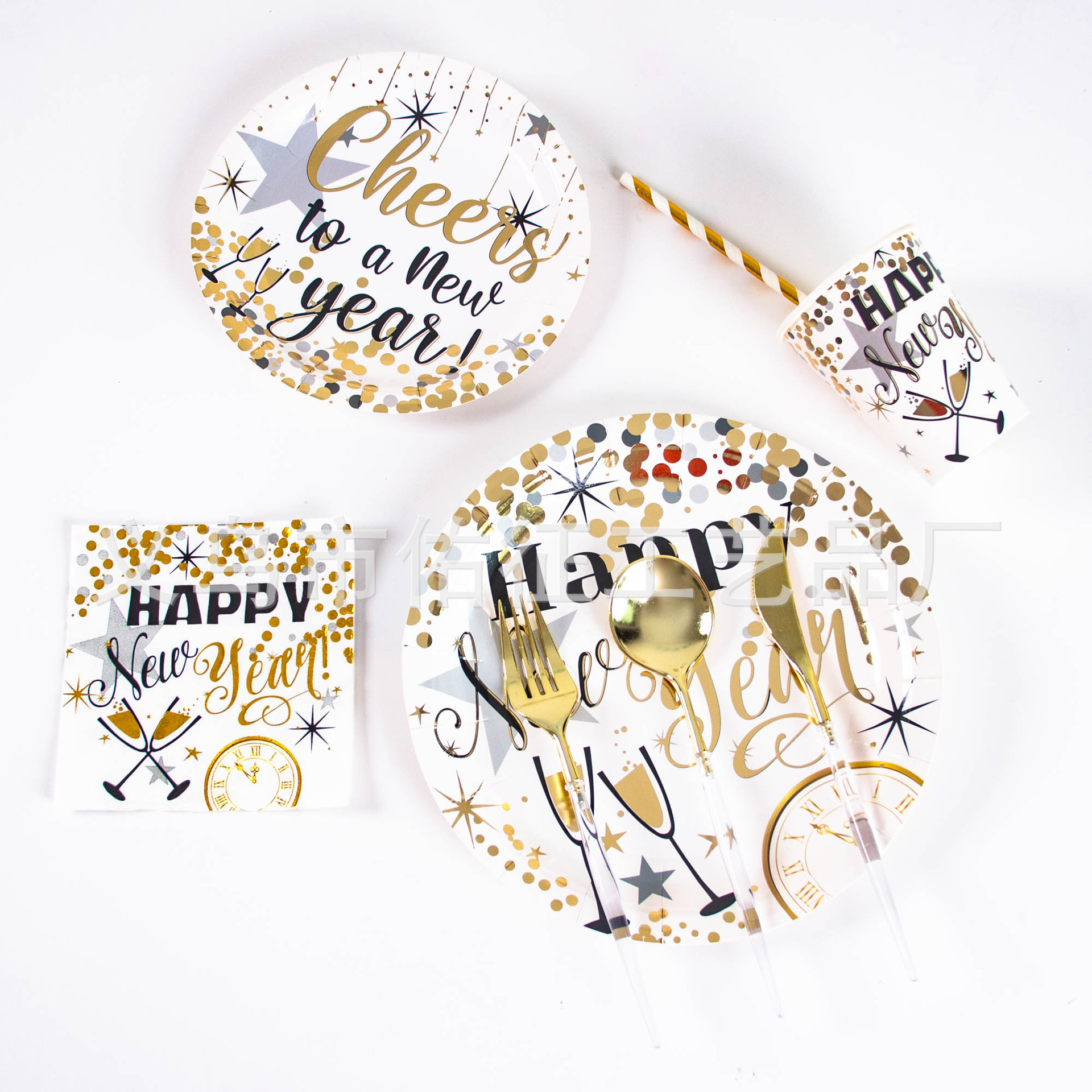 Plato de papel redondo blanco desechable de estilo de Año Nuevo conjunto de plato de pastel de cumpleaños para decoración de fiesta