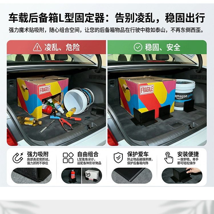 Vehicle-mounted item positioning tool, car trunk item divider with adjustable angle, positioning tool with magic tape, anti-slip