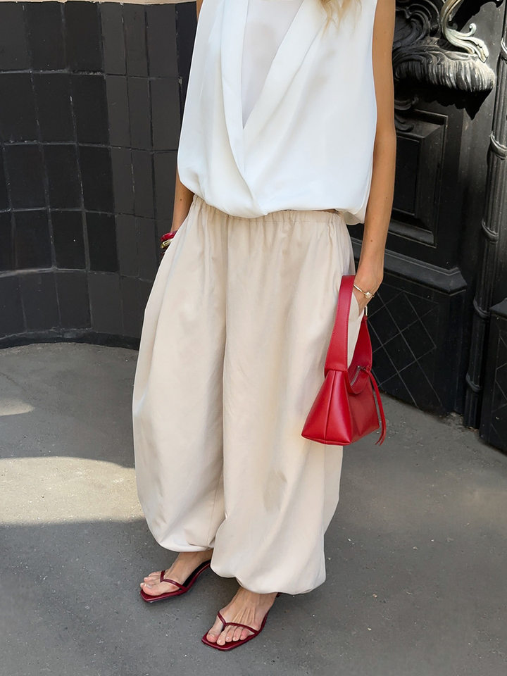 Quần harem ống rộng cotton dáng lửng lưng vừa phong cách đường phố — Màu hồng, Màu kaki, Màu mơ, Màu xanh da trời chi tiết 62