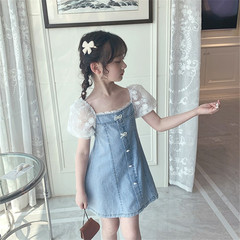 夏季女童連衣裙寶寶網紅洋氣兒童個性潮牌韓版淑女蕾絲牛仔公主裙