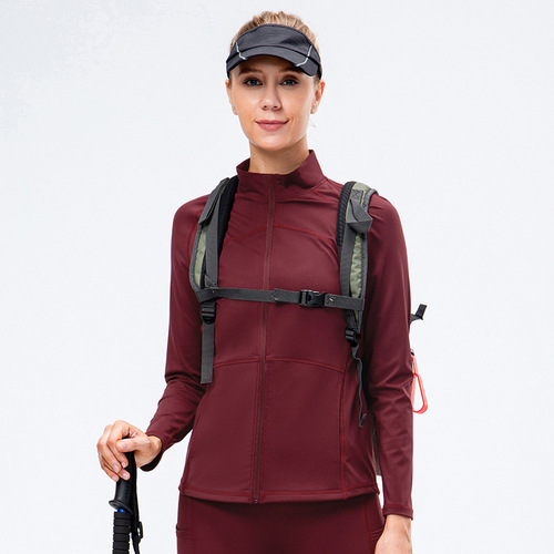 Autumn and winter velvet nylon yoga wear fitness jacket for women, zipper elastic fitness running sports long sleeves 12614