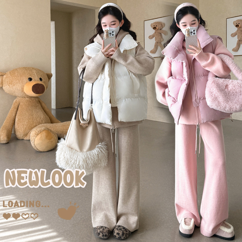 Maternity Autumn and Winter Drawstring Zipper Fashion Sweater Casual Fashion Wide-Leg Pants Suit + Versatile Cotton Vest