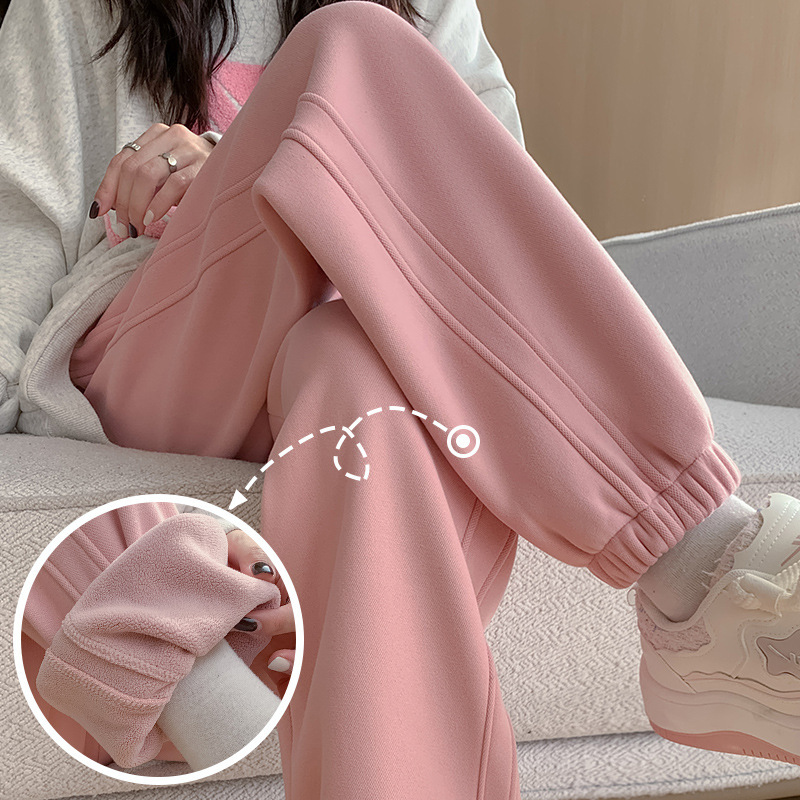 Pink Fleece-Lined Jogger Pants for Women, Autumn and Winter 2025 New Style, Cotton Pants for Outdoor Wear with Fleece Jogger Design Pink Fleece-Lined Jogger Pants for Women, Autumn and Winter 2025 New Style, Cotton Pants for Outdoor Wear with Fleece Jogger Design