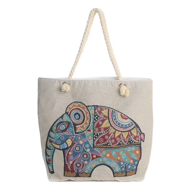 Ethnic Style Women's Medium Canvas Large Bag Double-sided Embroidery Shoulder Bag Students Large Capacity Elephant Bag Travel Gifts