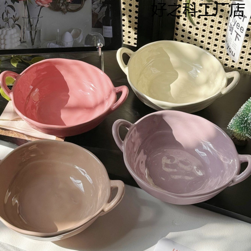 Ceramic Bowl Hand-Kneaded Asymmetrical Double-Eared Bowl High-Looking Internet Celebrity Double-Eared Soup Bowl Household Fruit Salad Bowl Instant Noodle Bowl
