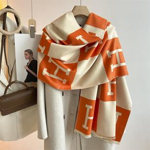 Light Luxury Simple Solid Color Letters Casual Fashion All-match New Cashmere Thickened Warm Scarf Dual-use Shawl
