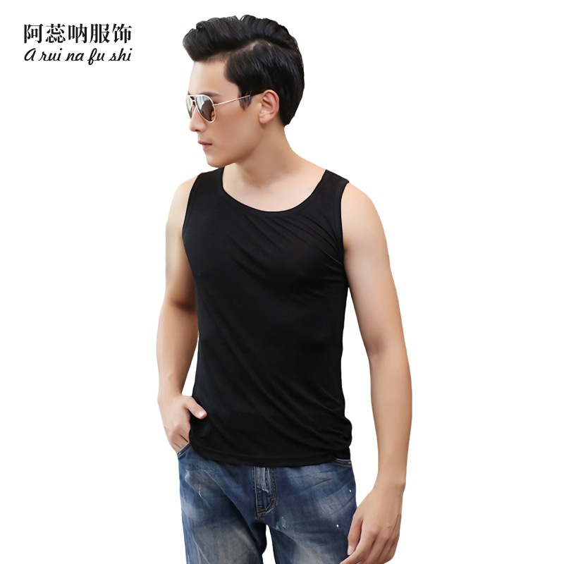 Silk elastic solid color knitted base vest with a round collar…