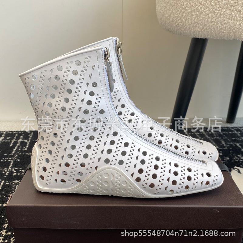 2025 Spring and Summer New Fashionable Square Head Leather Hollow Out Ankle Boots Women's Flat Comfortable Ballet Punch Hole Sandals