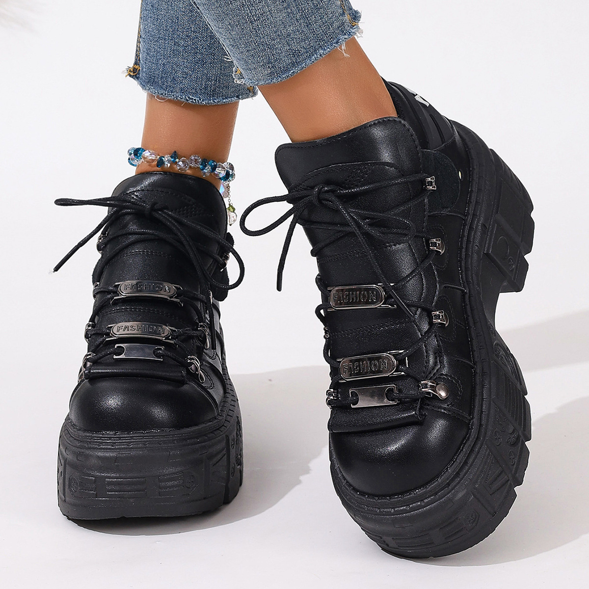 Cross-border plus size Women's Shoes Metal High-top Shoes Thick Sole Small Leather Shoes Platform Sole Front Lace-up Casual Women's Shoes