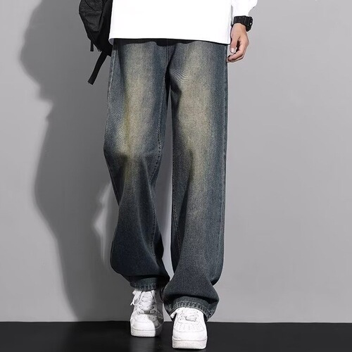 Water-washed retro denim jeans trendy for men spring and autumn season American cool stylish straight-leg loose wide-leg casual long pants for men