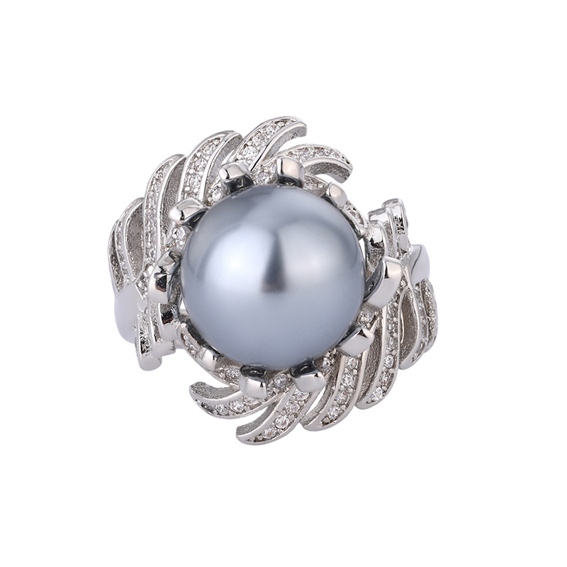 2024 nueva joyería cobre chapado en platino nuevo estilo con incrustaciones de plumas de perlas temperamento anillo de lujo ligero 12mm