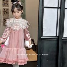 中国风女童汉服重工披肩领连衣裙2023秋季超美立领盘扣中秋节演出