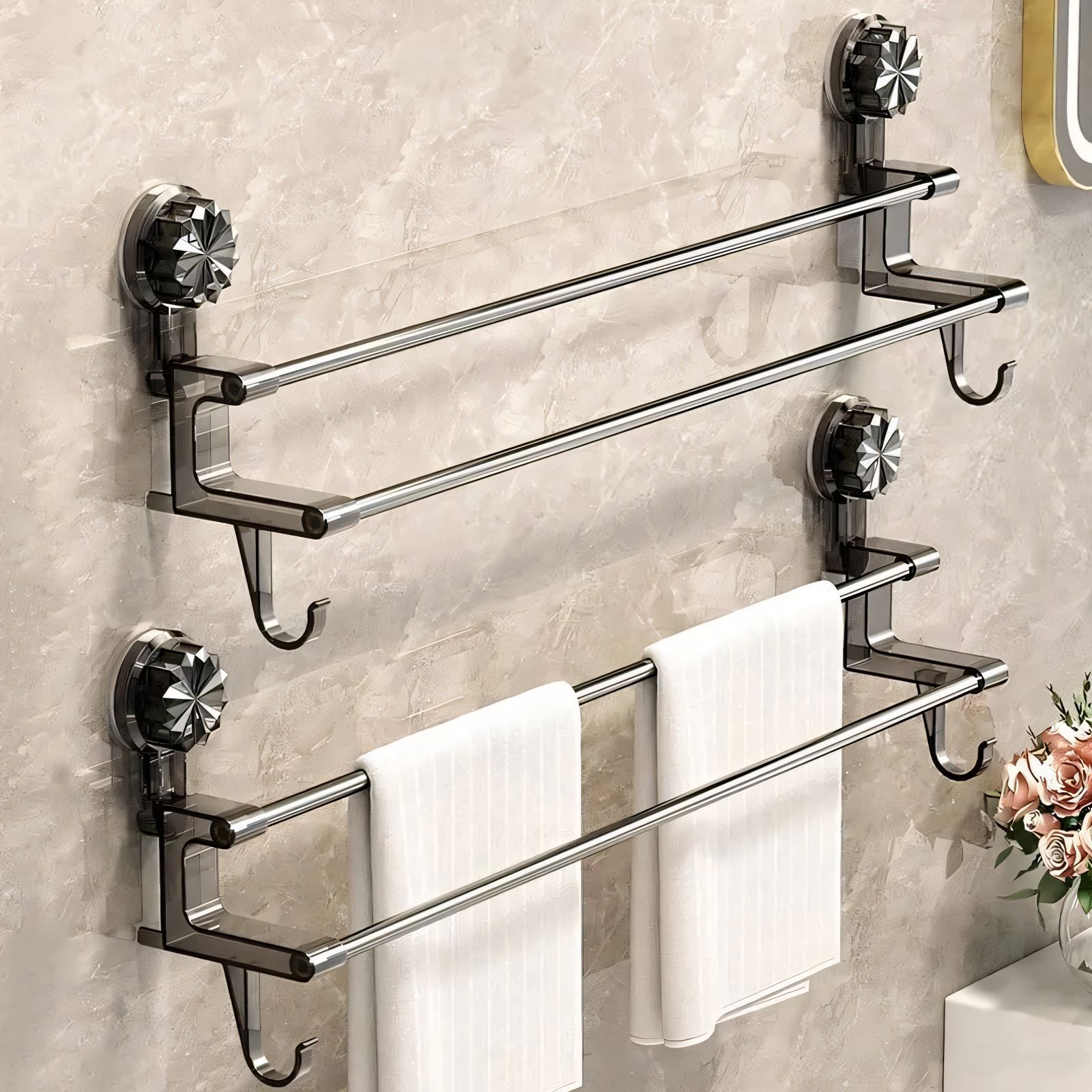 Suction cup towel rack for bathroom, no-drill wall-mounted bathroom shelf, double-rod towel storage rack