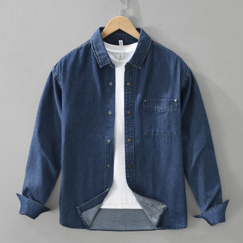 Men's dark wash denim long-sleeve shirt, thick workwear shirt for spring and autumn, loose-fitting versatile casual jacket Men's dark wash denim long-sleeve shirt, thick workwear shirt for spring and autumn, loose-fitting versatile casual jacket