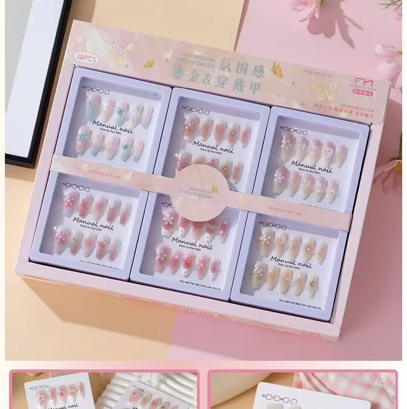 Nuevo desgaste de la serie de mariposa de uñas etiquetas de uñas niñas caja de almacenamiento transparente etiquetas de uñas falsas niñas etiquetas de uñas cortas