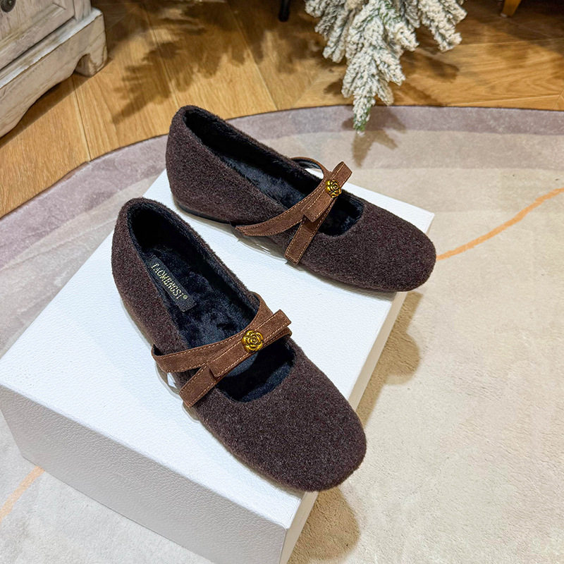 Giày Mary Jane nữ quai ngang nơ bướm, đế trong tăng chiều cao 4,5 cm, lót lông, mũi tròn — màu xám, màu đen, nâu sẫm