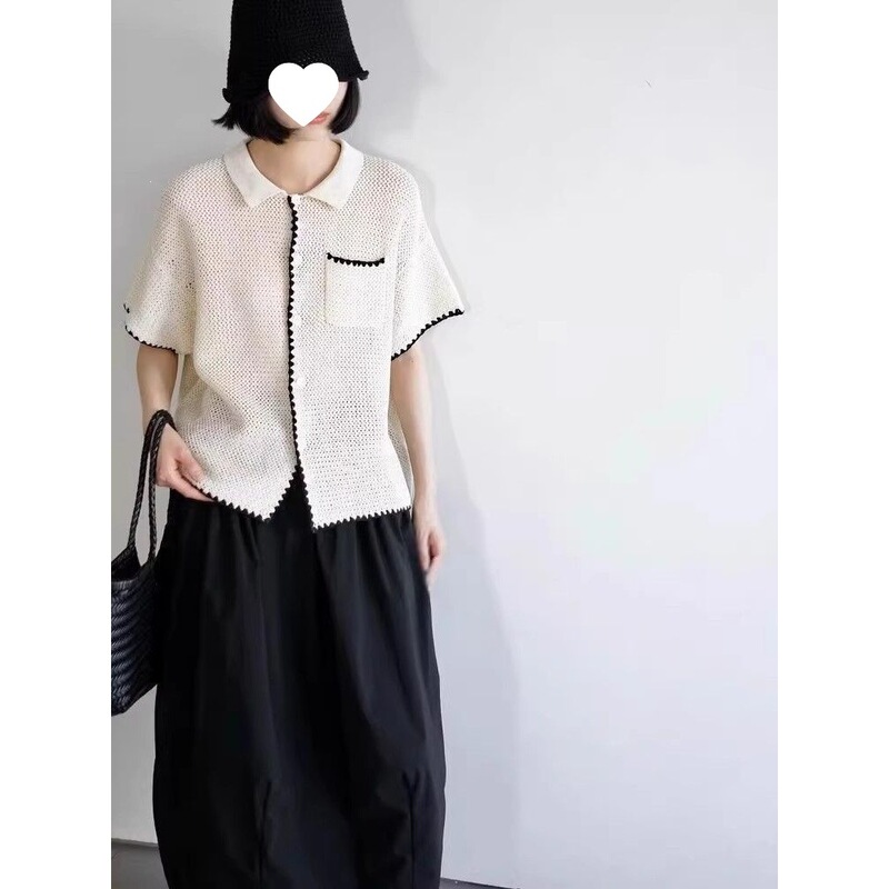 New Summer Style French-Style Contrasting Color Hollow Collar Design Thin Short-Sleeved Women's Elegant Slimming Knitted Cardigan New Summer Style French-Style Contrasting Color Hollow Collar Design Thin Short-Sleeved Women's Elegant Slimming Knitted Cardigan