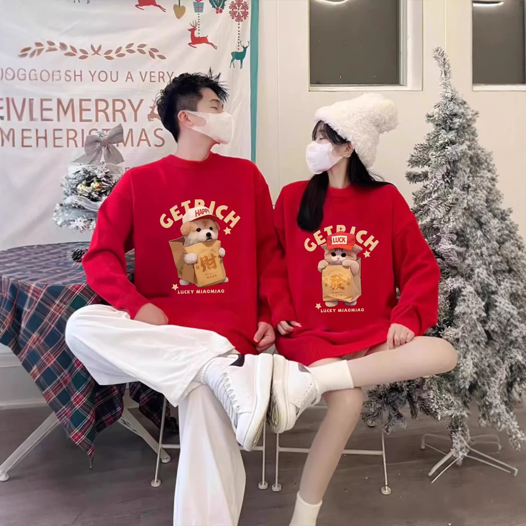 가을과 겨울 기모 크루 넥 스웨터 커플 의류 올해 레드 축제 의류 패션 브랜드 클래스 의류 따뜻한 기본 셔츠