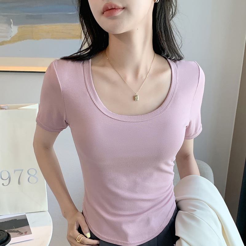 H227 ホワイト半袖 Tシャツレディース春夏新作薄手インナー U ネックボトムシャツアウターライブショートトップ|undefined