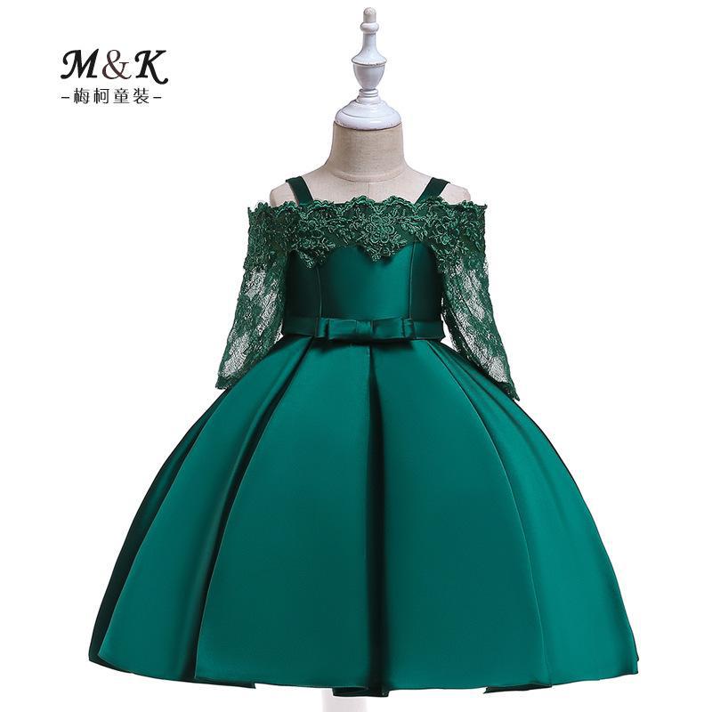 Nueva ropa infantil: vestido de princesa para niñas con tirantes descubiertos, vestido de manga larga con encaje calado, vestido bordado de satén.