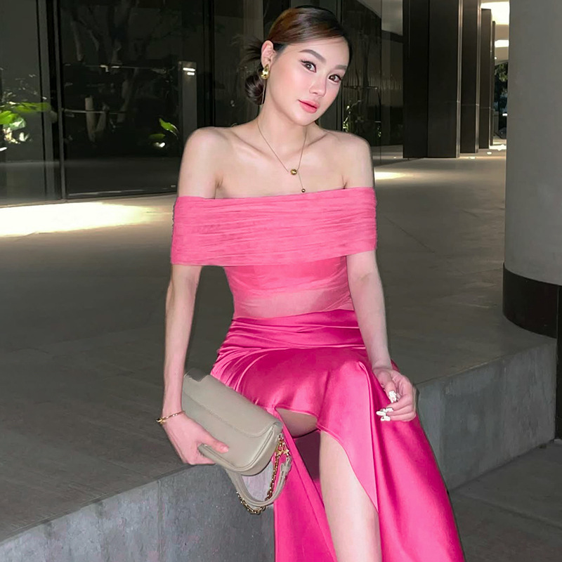 Women's Sexy Off-Shoulder Long Dress New Arrival Summer Semi-Sheer Mesh Panels_ecoleips.com