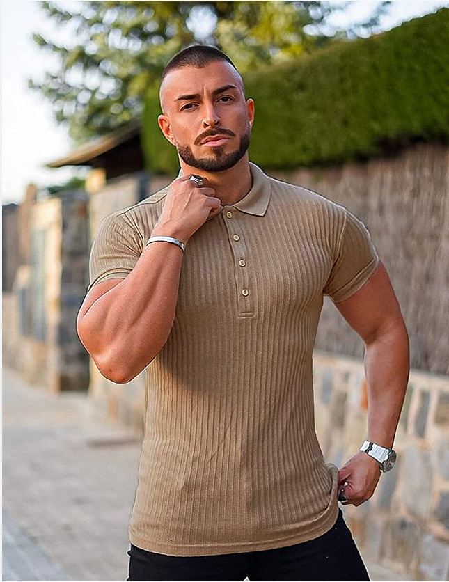 Männer Laufsport Fitness Kleidung Sommer Hohe Elastische Vertikale Streifen Kurzarm Poloshirt Slim Fit Gestrickte Unterhemd_voghion.com