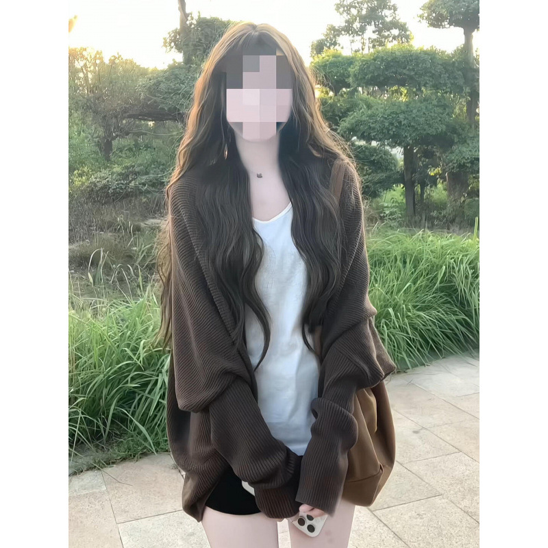 Korean Style Lazy Style Maillard Loose Knitted Cardigan Women's Autum Wear Top Bat Sleeve Elegant Casual Jacket