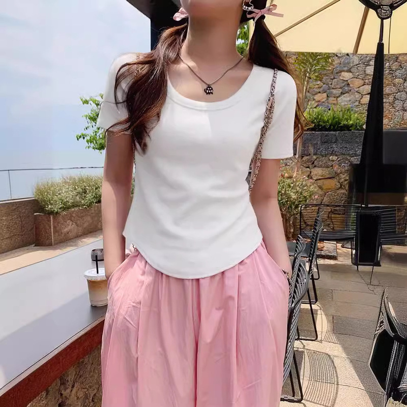 カボチャカラードーパミンウェアカーブヘムレディーススリム夏新作半袖Tシャツスリムショートトップイン|undefined