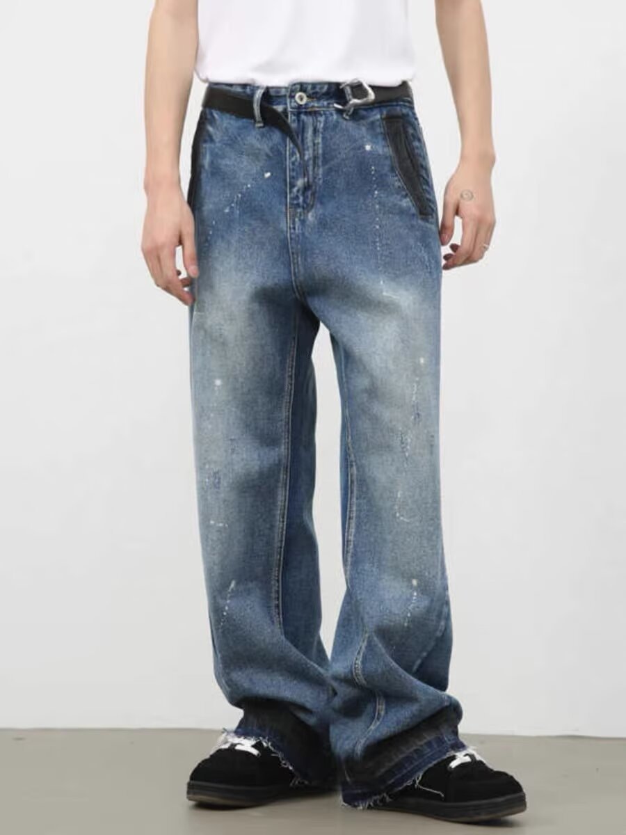 Men's Oversized Relaxed Fit Jeans Streetwear Splatter Wash Vintage Blue Paint Effect Denim (XS-3XL)_mkmklike.com