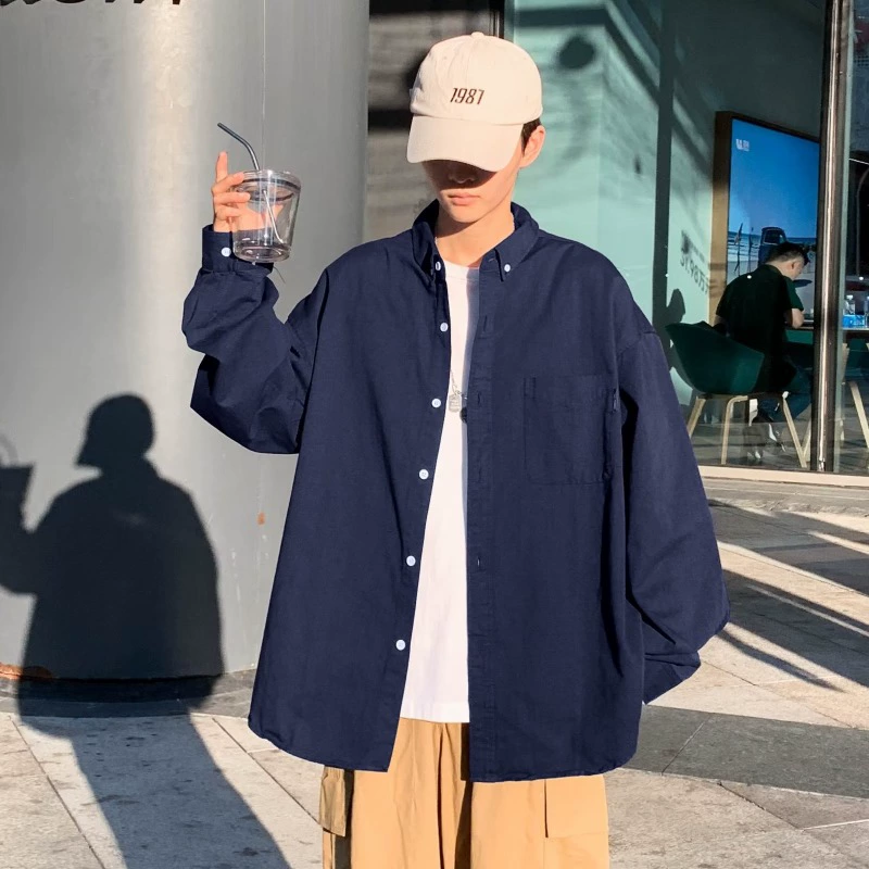 Blue Japanese Trend Spring Shirt, Loose-Fit Button-Down Top for Casual Everyday Wear, Breathable