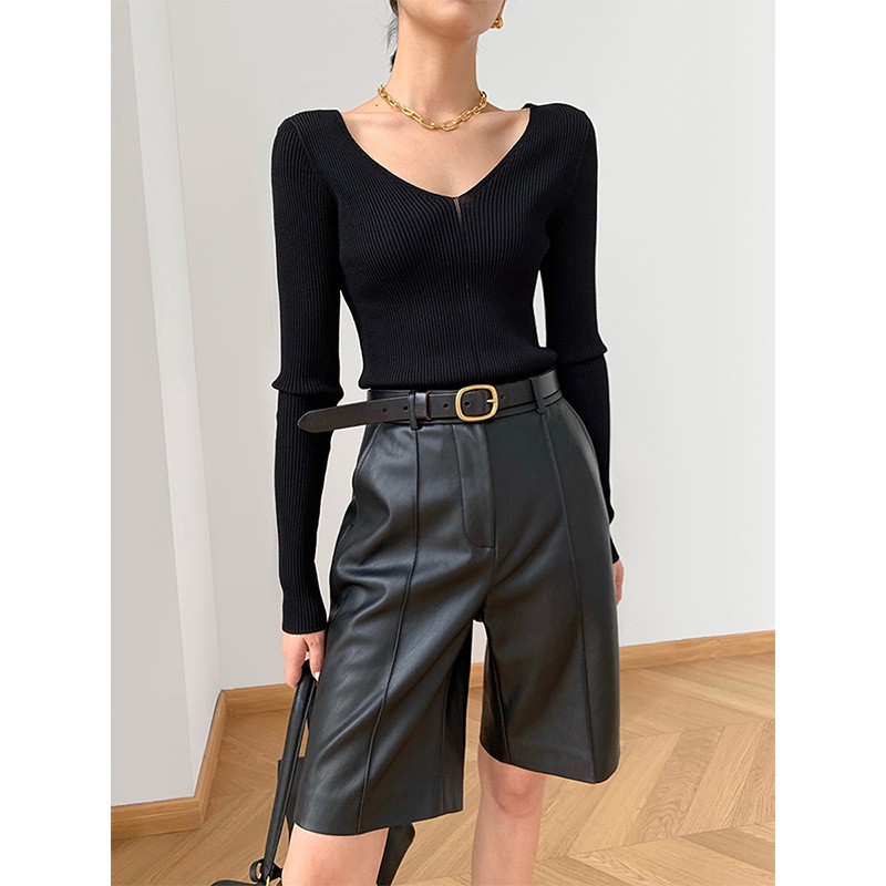 Black Pu Leather 5-Point Shorts for Women, Autumn and Winter New High-Waisted Straight Casual Pants, Petite Slimming Five-Point Wide-Leg Pants Black Pu Leather 5-Point Shorts for Women, Autumn and Winter New High-Waisted Straight Casual Pants, Petite Slimming Five-Point Wide-Leg Pants