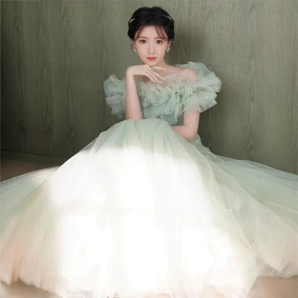 Green Off-The-Shoulder 2026 Summer New Forest-Style Evening Dress Princess Gown with Puffy Tulle for Hostess Vocal Performance Exam Dress
